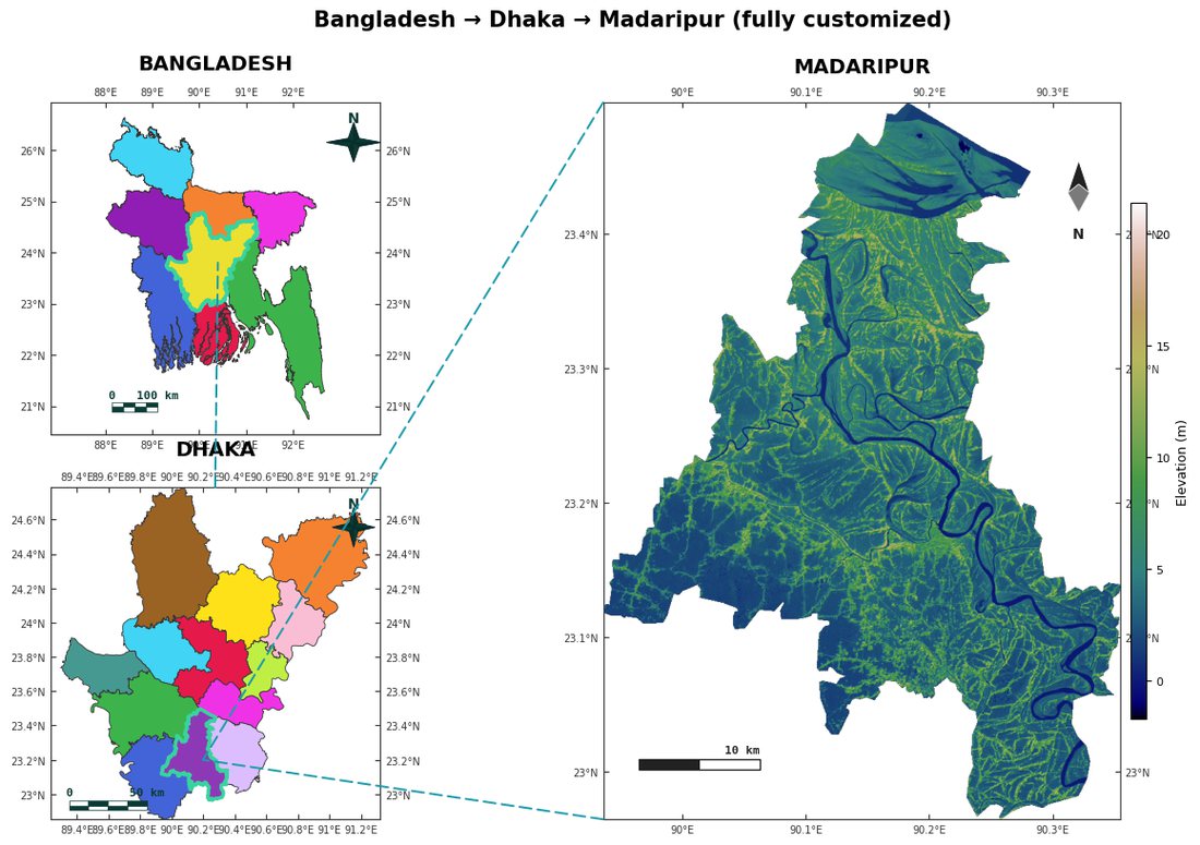 Multi-panel study area with live DEM terrain